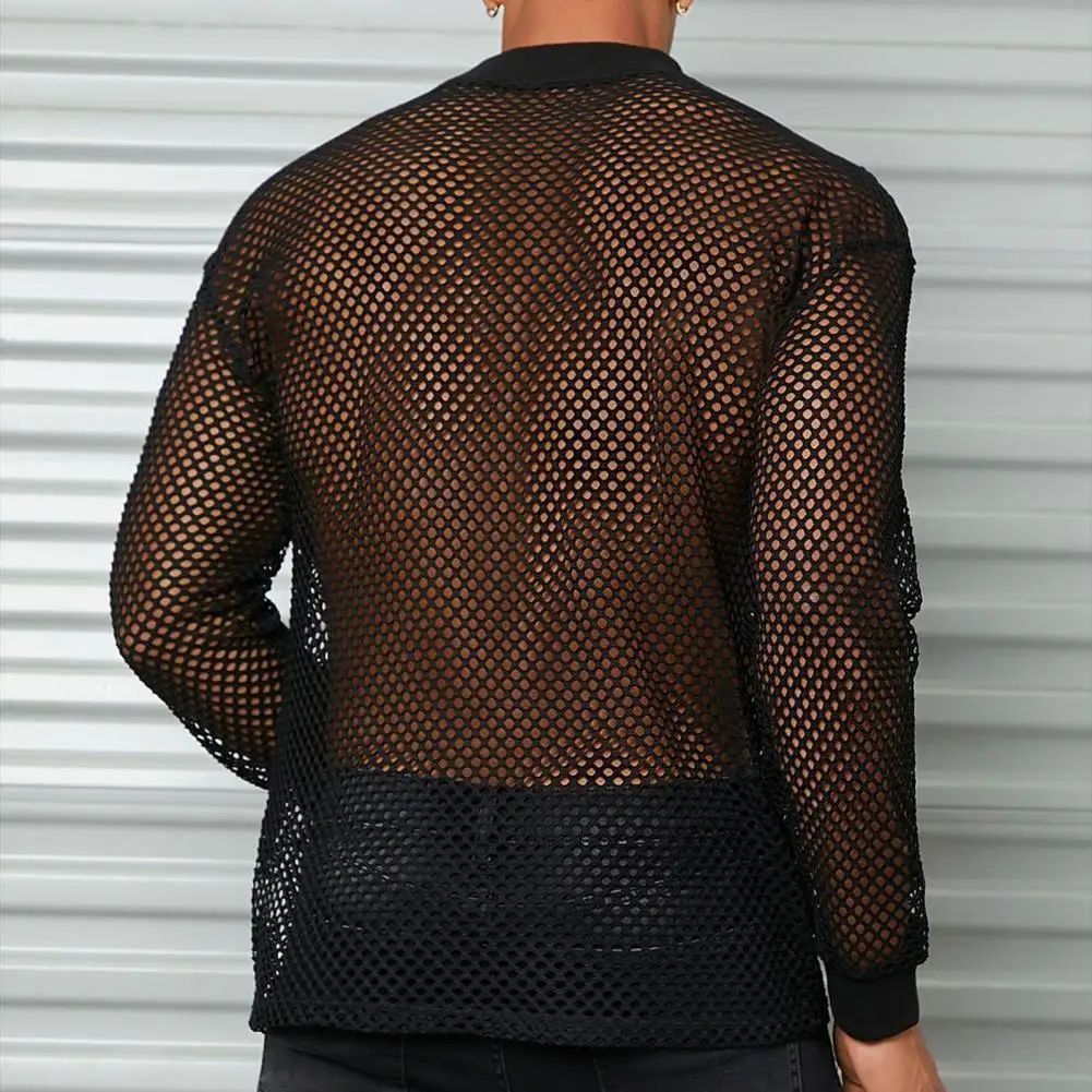 Men Mesh Top Ultra Thin See-through O Neck Long Sleeves Stretchy Loose Fit Muscle-Enhancing Party Club Dance Performance T-shirt