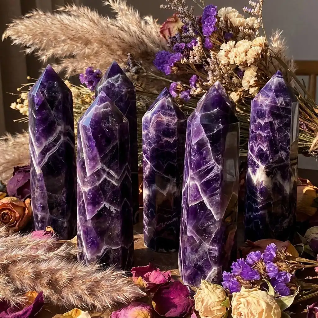 Natural Amethyst Crystal Obelisk Tower Point 6 Faceted Hand Polished Wand Figurine Home Decor Desk Ornament Collectible Dreamlike Purple Crystal Specimen Room Decor Office Decor Bedroom Decor Meditation Stone Table Centerpiece Christmas Gift Birthday Gift