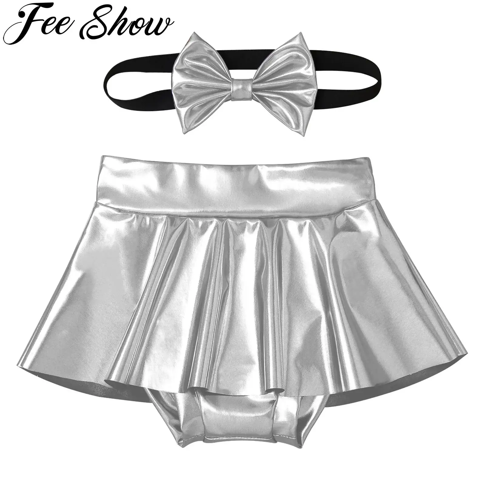 

Infant Baby Girls Clothing Gloss PU Mini Skirt Metallic Diaper Cover Skirts with Bowknot Headband for Birthday Party Photography