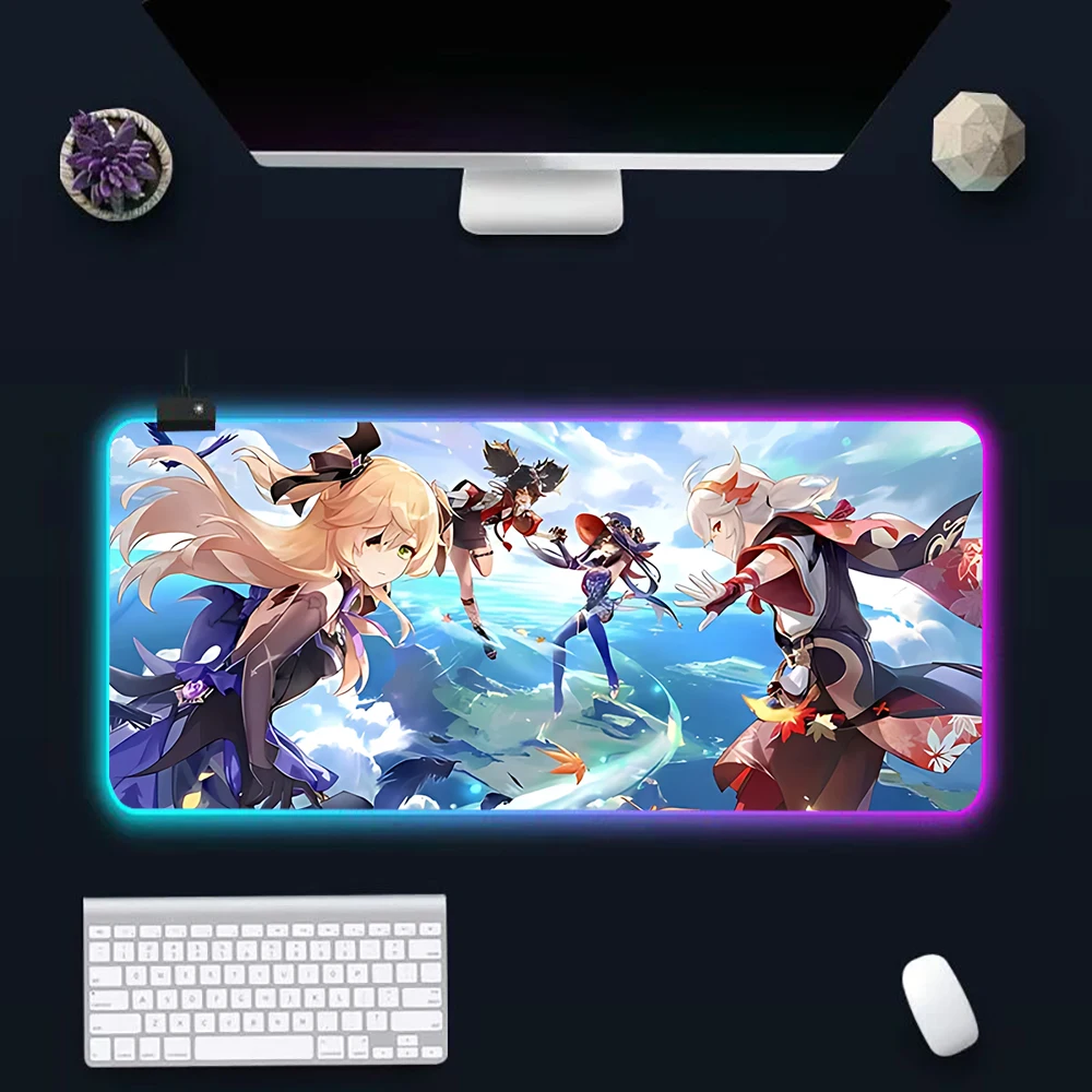 

Genshin Impact RGB Pc Gamer Keyboard Mouse Pad Mousepad LED Glowing Mouse Mats Rubber Gaming Computer Mausepad