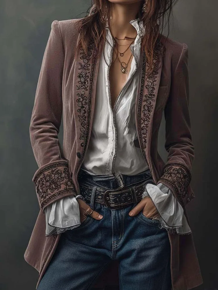 الخريف السببية طويلة الأكمام المرأة معطف الشتاء أنيقة المرقعة الدانتيل المخملية معطف نحيف خمر نمط طباعة سترة سترة