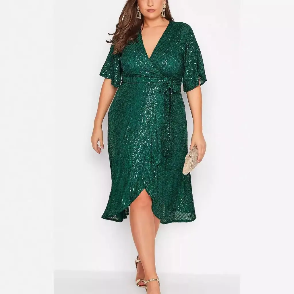 Estación independiente vestido de lentejuelas de talla grande con cuello en V para mujer vestido grande de estilo europeo y americano