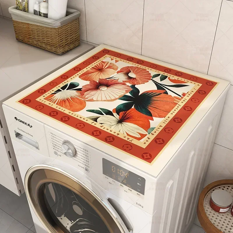 VIKAMA Retro Oil Painting Flower Washing Machine Top Mat Red Border Vintage Text Waterproof Anti Dust Laundry Dryer Surface Pad