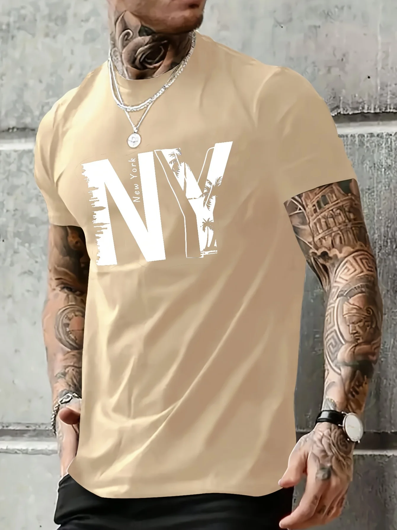 Summer men's 100% pure cotton casual loose plus size NY letter printed sports comfortable round neck short sleeved T-shirt top image 4