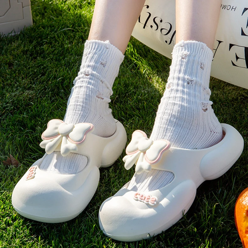 Summer Mary Jane Bow Knot Slippers Home Platform Anti Slip Soft Slippers Outside Y2k Lolita Female Sandals Wome Hole Shoes