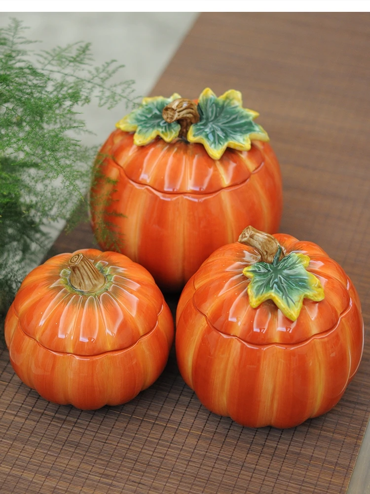 Sculpture Ceramic Pumpkin Candy Storage Jar Home Decor Living Room Decoration Dried Fruit Kitchen Food Container