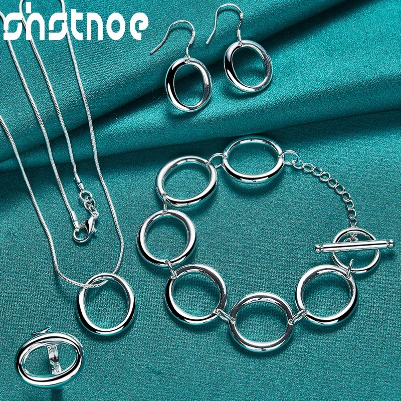 

SHSTONE 925 Sterling Silver Simple Circle Chain Necklaces Earrings Rings Bracelets Jewelry Sets For Woman Party Holiday Birthday