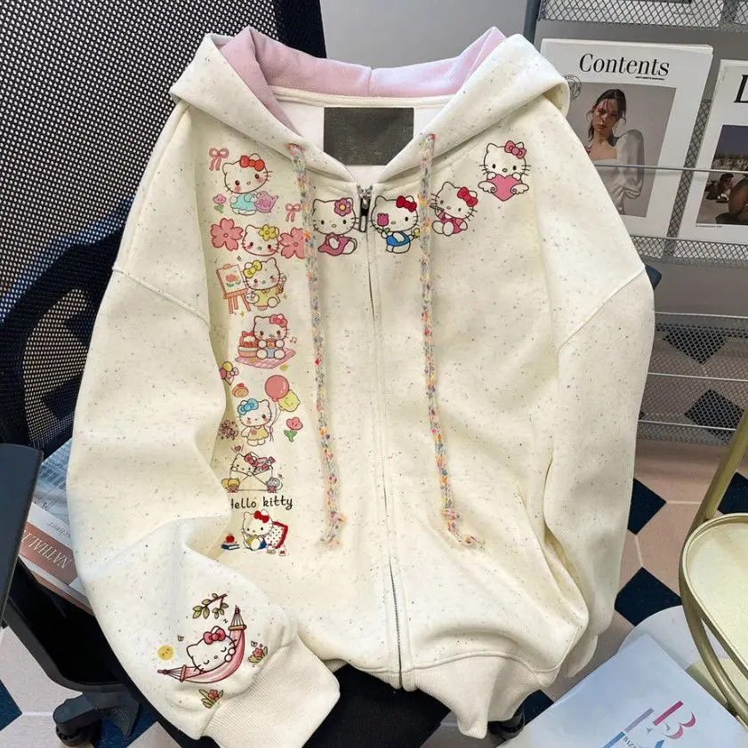 

Original Graffiti Kitty Hoodie Cardigan Women's Autumn Winter Loose Fit Printed Long Sleeve Fleece Lined Korean Style