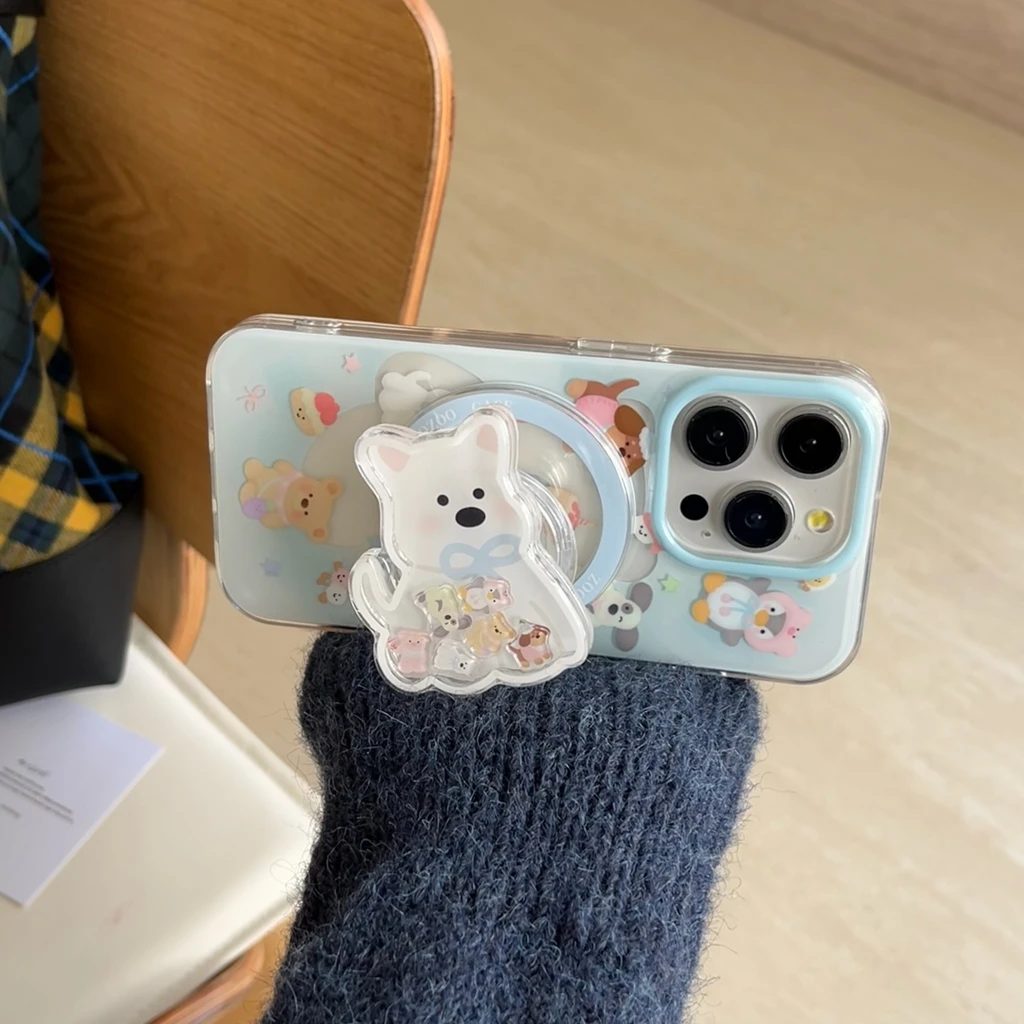 

Серия животных с мультяшным пингвином, медведем, собакой и держателем, магнитный чехол для телефона с беспроводной зарядкой для iPhone 16, 15, 14, 13, 12 Pro Max