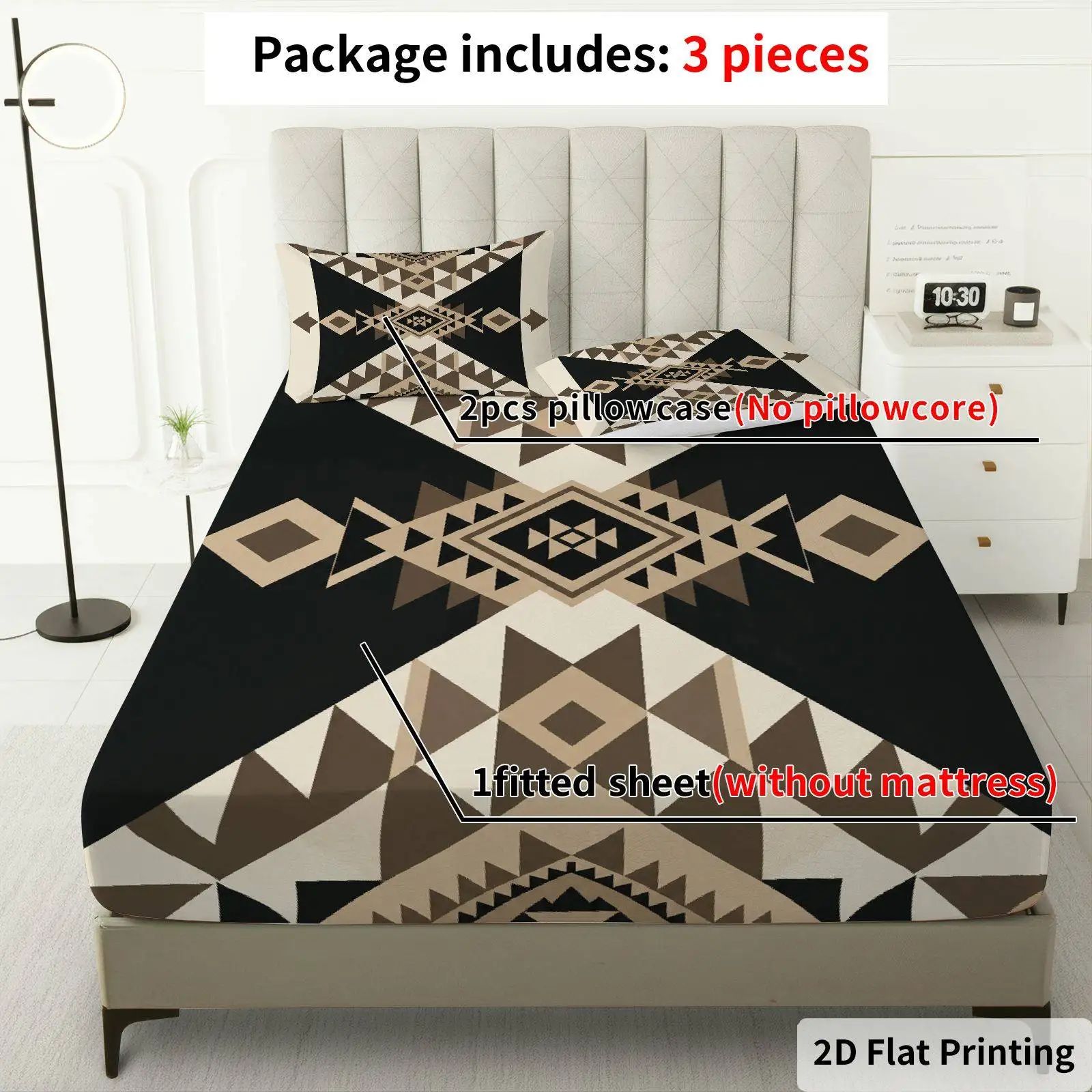 3-Piece Mattress Protector Set with Geometric Tribal Design, Thanksgiving Theme, Includes Fitted Sheet, Pillowcase, and Coreless Bedding. Mattress Cover, Mattress Protector, Stain-Resistant, Suitable for All Seasons, Machine Washable, Easy to Care For, Suitable for Home Bedrooms, Essential for Dormitories and Rentals, Master Bedroom and Guest Room Decoration, Dust-Proof and Dirt-Resistant, High Elasticity, Fits Various Sizes