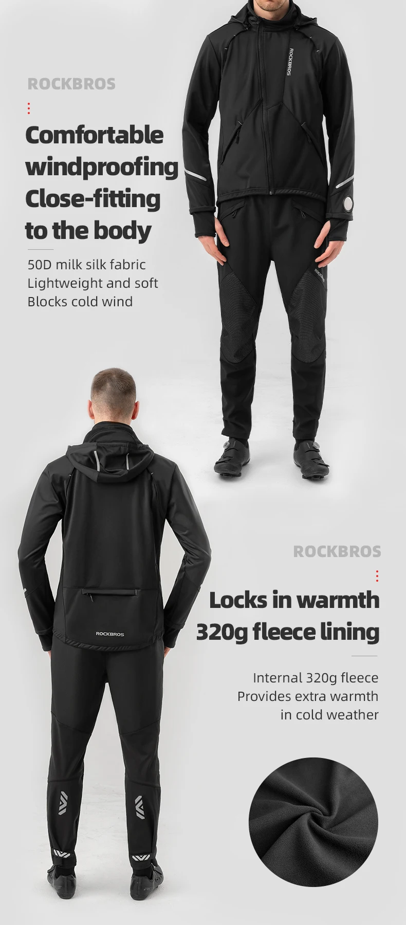 ROCKBROS Winter-Fahrradjacke mit Kapuze, warmes Fleece, thermisch, winddicht, lange Ärmel, Fahrrad-Oberteil, Mantel, Herren-Fahrrad-Windbreaker-Kleidung – Detail 6