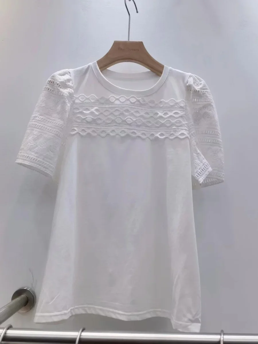 Nomikuma French Lace Hook Flower Hollowed Out Splicing Short Sleeved T-shirt for Women Summer 2024 Korean Niche Elegant Top