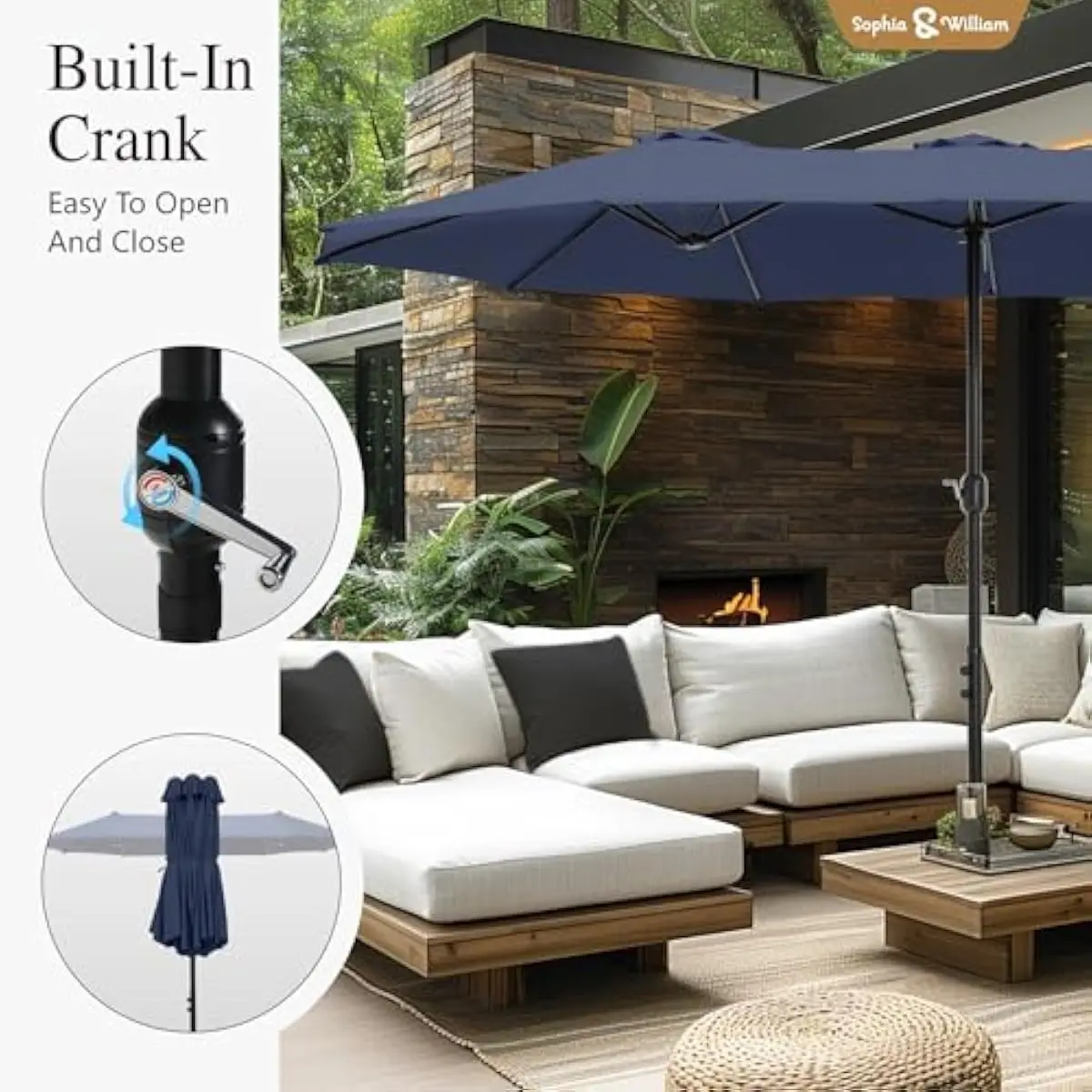 7-piece outdoor dining ensemble featuring navy blue rectangular table with umbrella hole, six handwoven PE rattan chairs with re