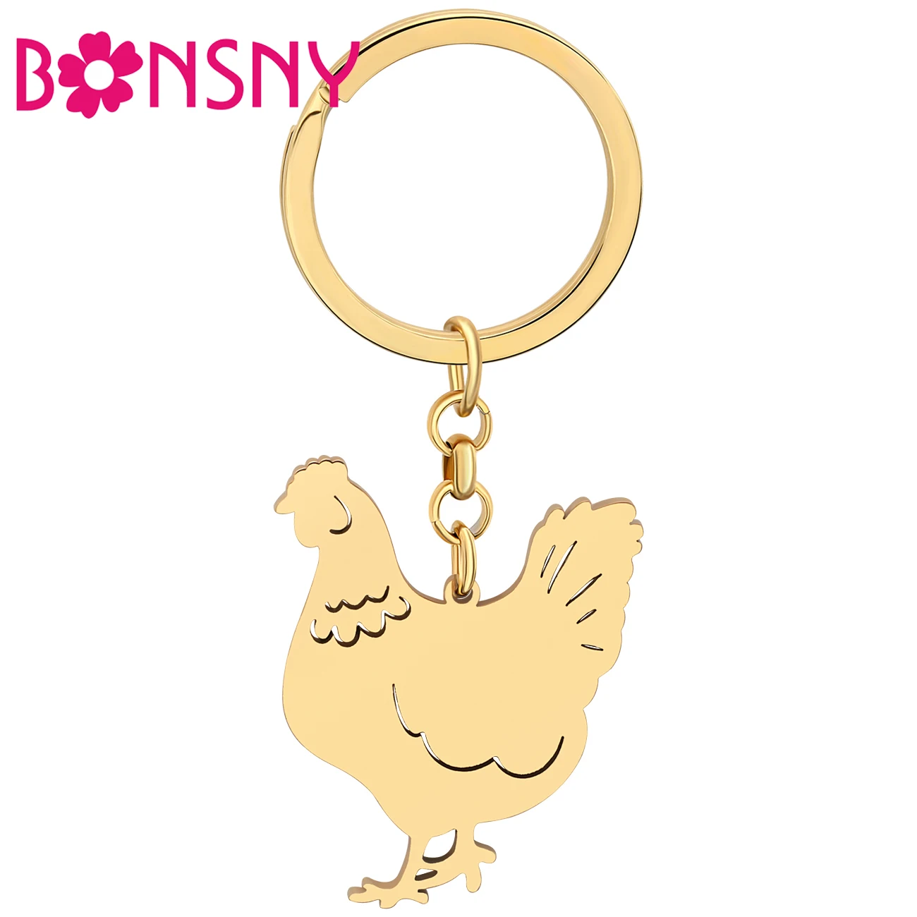 Bonsny Stainless Steel Gold-plated Hen Chicken Keychains Backpack Purse Charms Key Chain Keyring For Women Girls Gifts