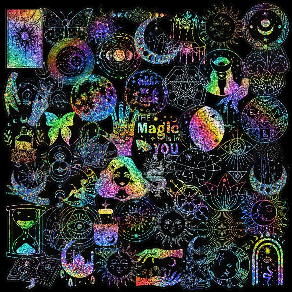 100Pcs Holographic Magic World PET Sticker Pack, Sparkly Magic Memory‑themed Decals, DIY for Journal Planner and Craft Making