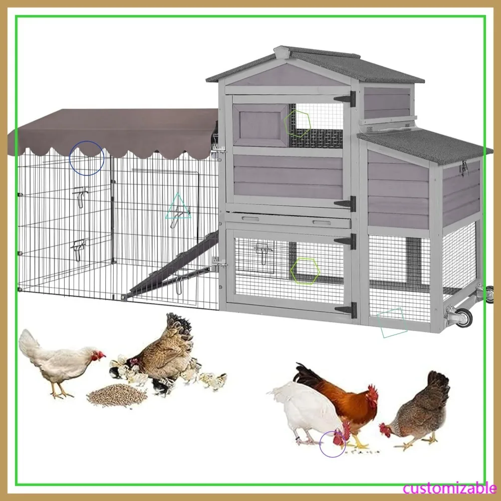 

Переносной курятник с манежем, двухэтажный деревянный домик для кур, с гнездовым ящиком, на колесах для легкой транспортировки