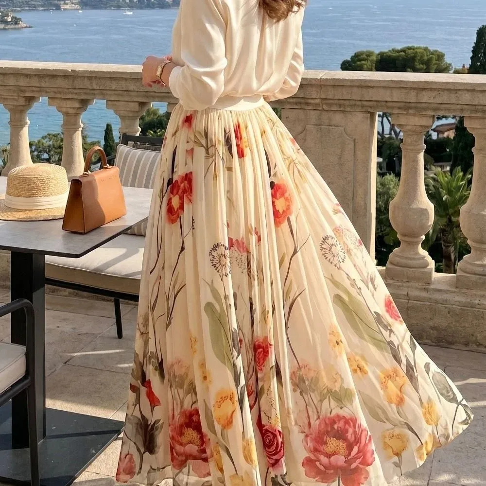 

Elastic Waist Women Printed A-line Skirt Mesh Overlay Flower Embroidery Long Skirt Pleated High Waist Skirts Summer Season