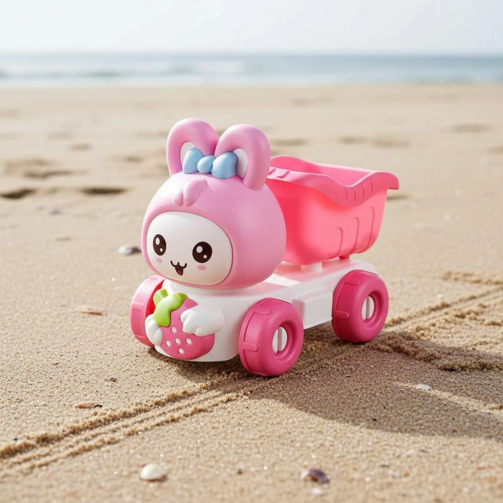 5 Pieces Bunny Sand Vehicle Pink Beach Sand Toy Set Beach Pail Set Cartoon Design Outdoor Play Rounded Edges