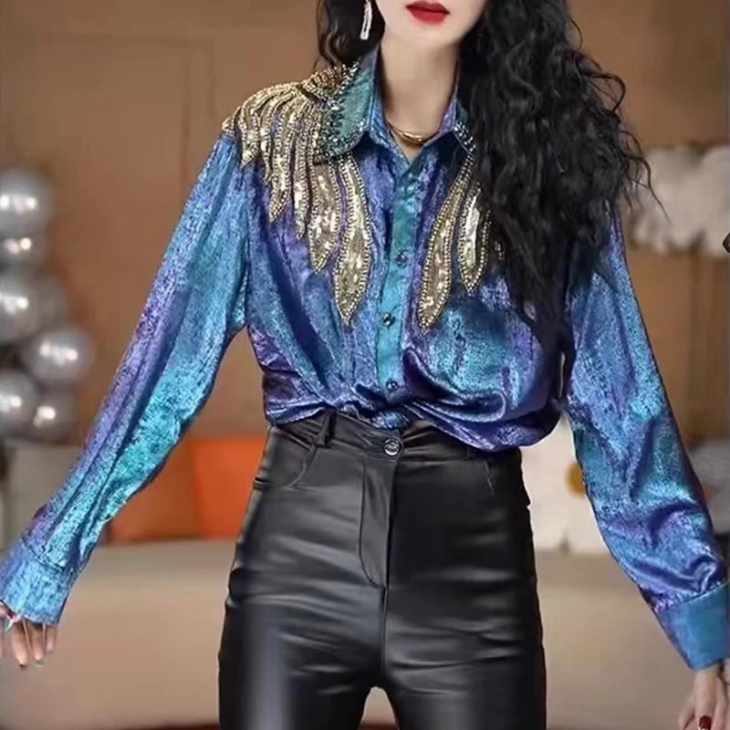 Embroidered Sequins Long-sleeved Shirt Korean Style Fashion Jazz Dance Loose Woman Tops