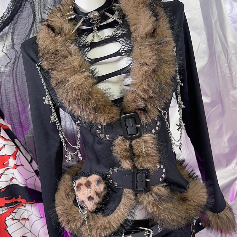 Damska kurtka w stylu gotyckim, punkowym, z imitacją futra, z serduszkiem i panterką, z łańcuszkiem, kardigan, nowy model na jesień i zimę.