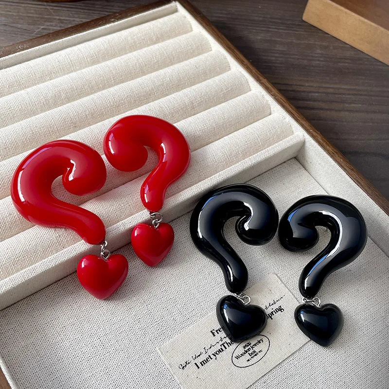 New exaggerated encore red question mark Hong Kong style personality stylish temperament advanced sense black earrings