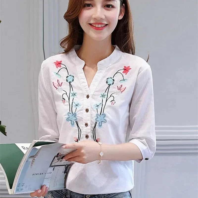 Women\'s Cotton Linen V-Neck Blouse, OL Shirt, Half Sleeve, White, Casual Clothes, Spring, Summer, New, Fashion, D377 30