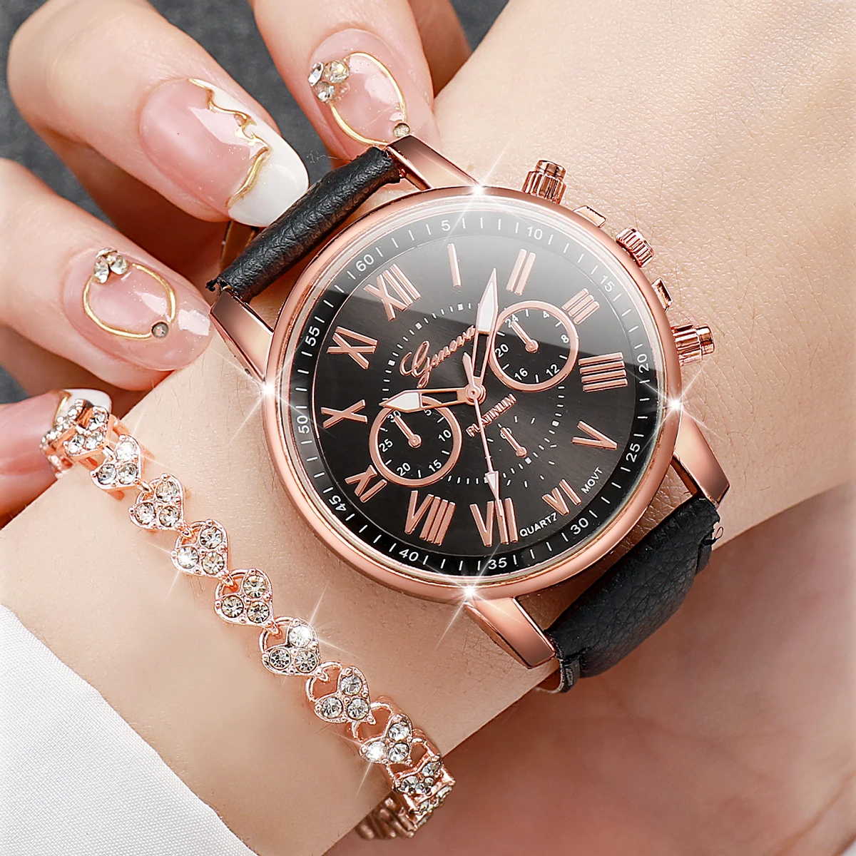 6 stks/set mode dames quartz horloge veelzijdig leer zwart wit roze horloge met hart diamanten armband set