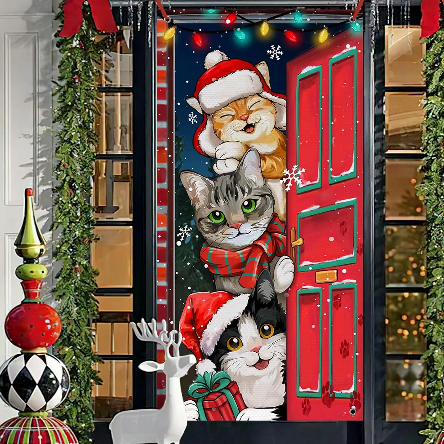 Christmas Tabby & Tuxedo Cat Decorations, Xmas Orange Front Door Banner,Christmas Door Cover Winter Holiday Indoor/Outdoor Fun view 4
