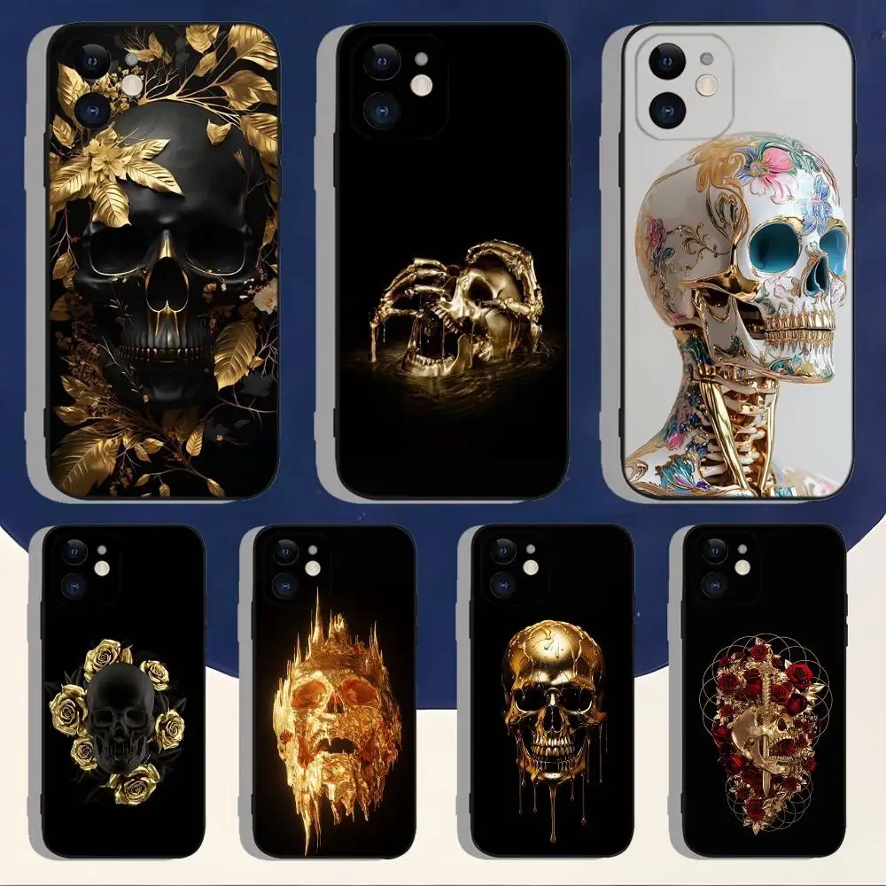 

Golden Skull COOL Phone Case For iPhone 17,16,15,14,13,12,11,Pro,Max,Plus,Air,X,XS,XR,SE,8,7,Mini,Soft Silicone Black Case