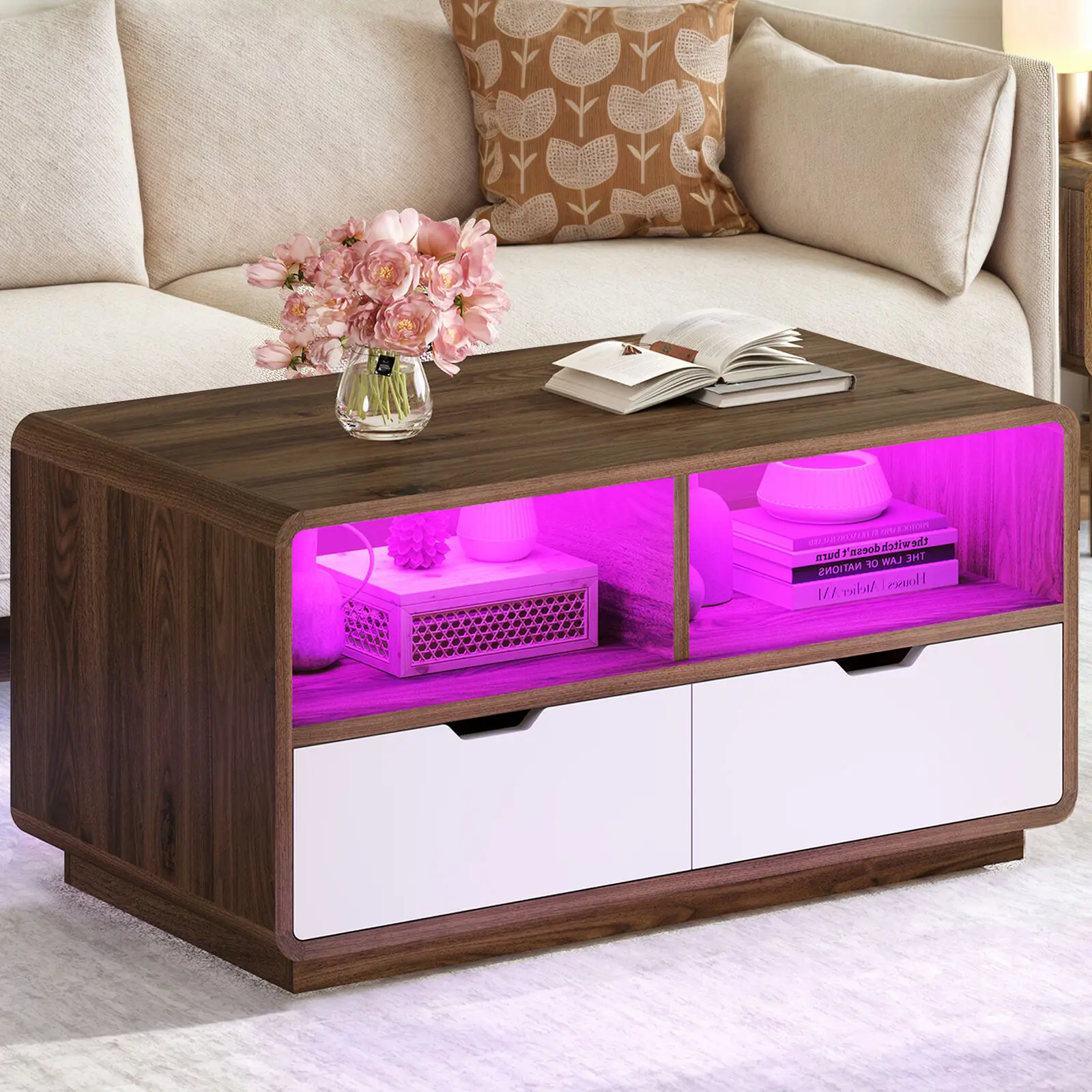 

Modern Coffee Table with Storage Drawers & LED Lights For Living Room Bedroom