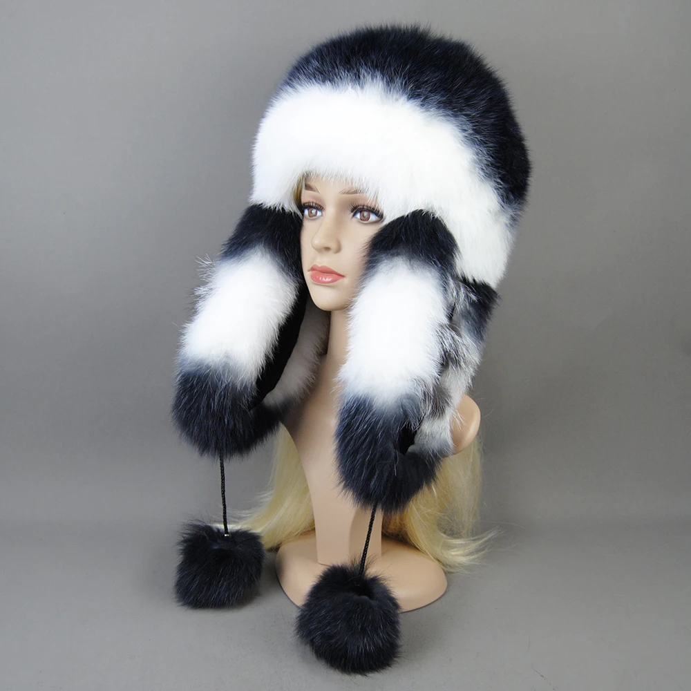 Hot Sale Lady Winter Warm Luxury 100% Natural Fox Fur Hat Fashion Fluffy Fox Fur Rex Rabbit Fur Caps Women Real Fur Bomber Hats