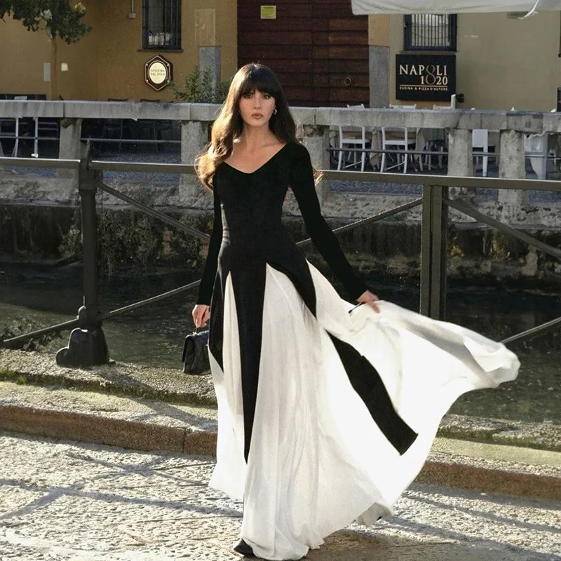 

Color Blocking Temperament Long Sleeved Dress Autumn New Fashion Patchwork Long Skirt