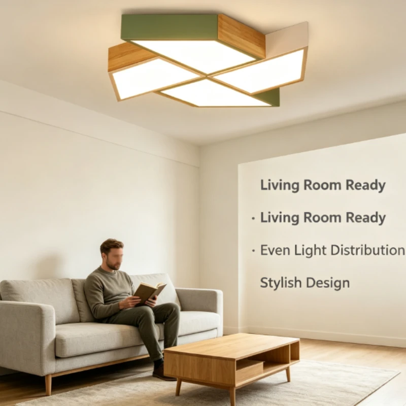 Led Ceiling Lamp With Geometric Wood Frame And Soft Diffused Light For Bedroom Living Room Use