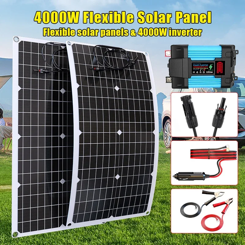 110V 220V 2000W Flexible Solar Panel System 12V Battery Charging Power Bank 4000W Solar Inverter Kit  For Home Outdoor Camping