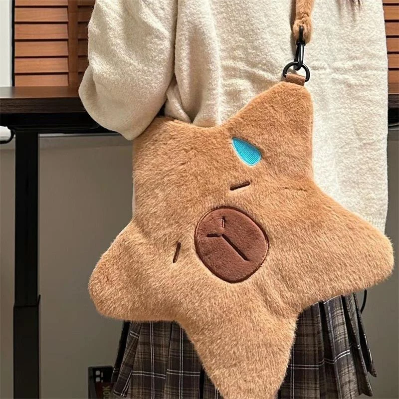 Sac en peluche de grande capacité de dessin animé mignon, étoile à cinq branches, sac à bandoulière Capybara, sac initié de style Maillard, accessoire doux, cadeaux