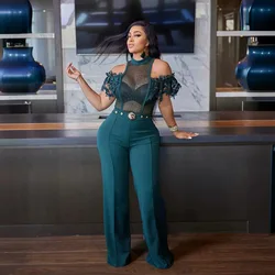 Casual Mesh Stitching Jumpsuit Button High Waist Hollow Out Green Sexy Women Long Full Length Jumpsuits Pants