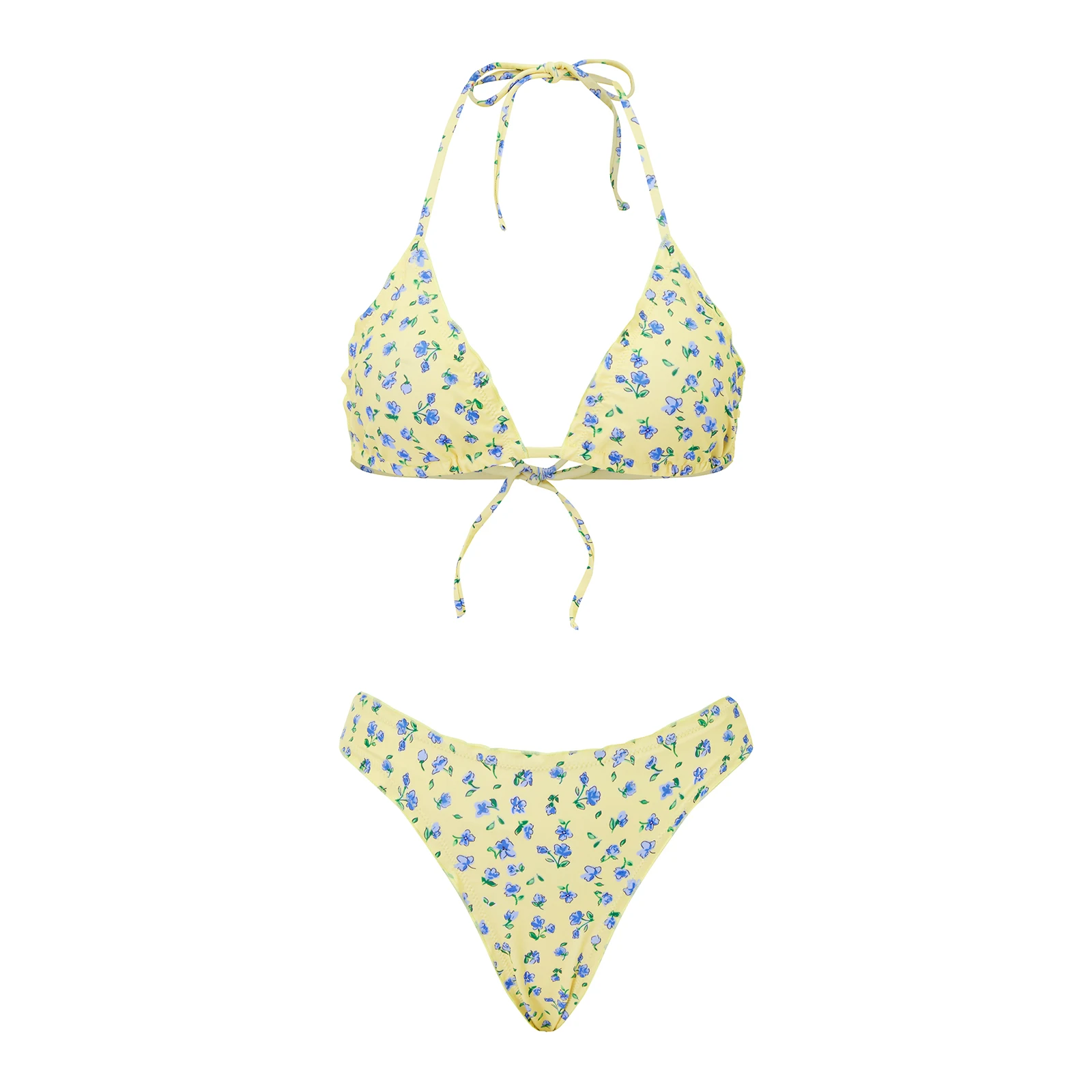 Y2k Women Push Up Bikini Lettuce Trim Floral Print Swimsuit Sexy Backless Halter Bra and Elastic Panties Sets Summer Beachwear