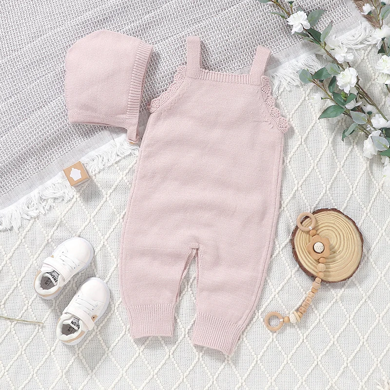 Newborn Baby Romper Knit Infant Girl Jumpsuit Fashion Embroidered Florals Toddler Kid Clothes Hat 0-18M Overalls Sleeveless 2pcs