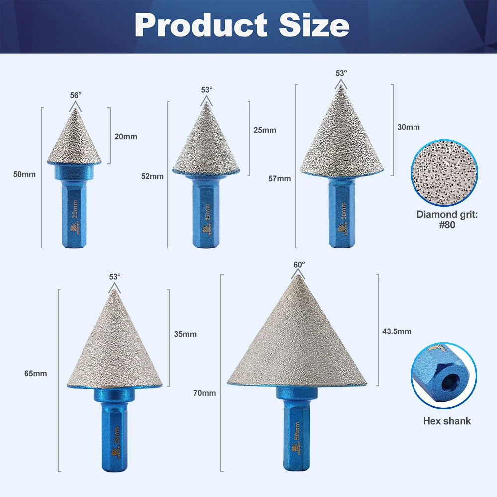 BRSCHNITT 1pc Diamond Chamfer Bit For Tile Ceramics HEX Shank Chamfer Ream Grind Edges Existing Holes Milling Chamfer Bit