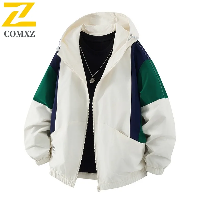 

COMXZ 2025 Japanese Patchwork Hooded Jacket Men Women Heavyweight Waterproof High Quality Straight Pocket Coat