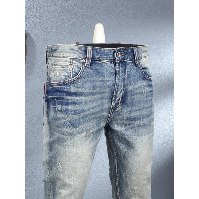 Blue polished white retro trend elastic small straight leg jeans men, nostalgic washed and worn pants