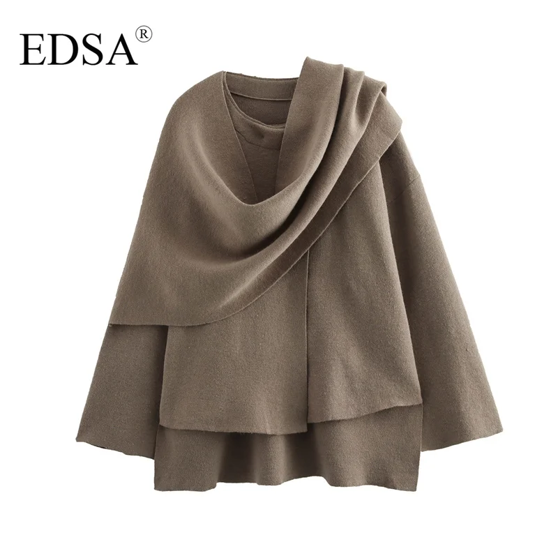 EDSA Women Knitted Jacket Asymmetric Scarf Collar O-neck Single Button Side Slit Solid Loose Coat Winter Female Chic Outerwear