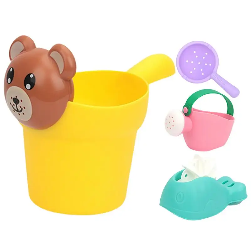 Arrosoir de plage en silicone, 4 pièces, jouets de bain, sable de plage, tasse à shampoing, passoire, baleine, roue d'eau, jouets d'été