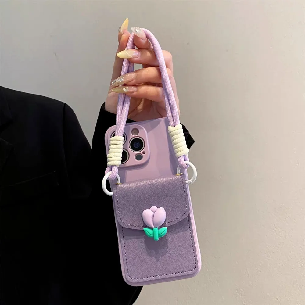 

Phone Case For iPhone 17 16 15 14 13 12 11 8 7 X XS XR Pro Max Plus New INS 3D Tulip Handheld Card Purse Protective Cover