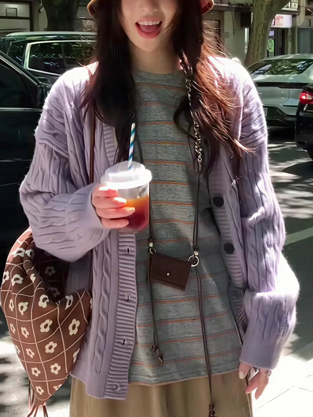 

Loose Women's Knitted Purple Twist Open Cardigan Autumn Winter Faion Slimming Lazy Sle Versatile Sweater Casual Commute