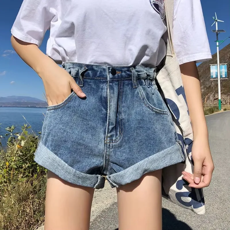 Summer Fashion High-waisted Curly Edge Elastic Denim Shorts Women's New Slim Casual Wide Leg Short Shorts Panties Hot Pants