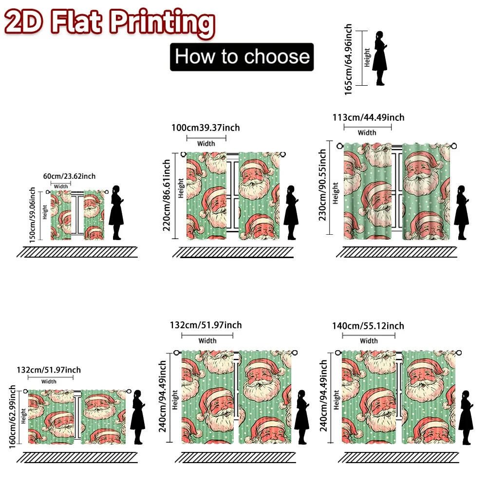 2D flat printing 2pcs Christmas Scene Curtains Christmas Santa Heads Beautiful and stylish, 100% polyester fiber Family Party