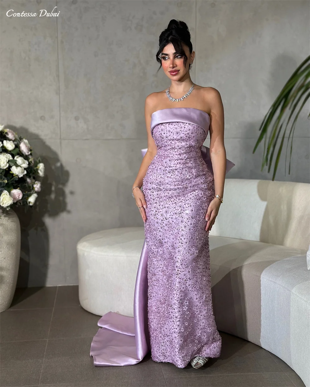 

Contessa Custom Lavender Strapless Sequin Evening Gown with Large Bow, Elegant Formal Dress for Women Court Train Prom Dresses