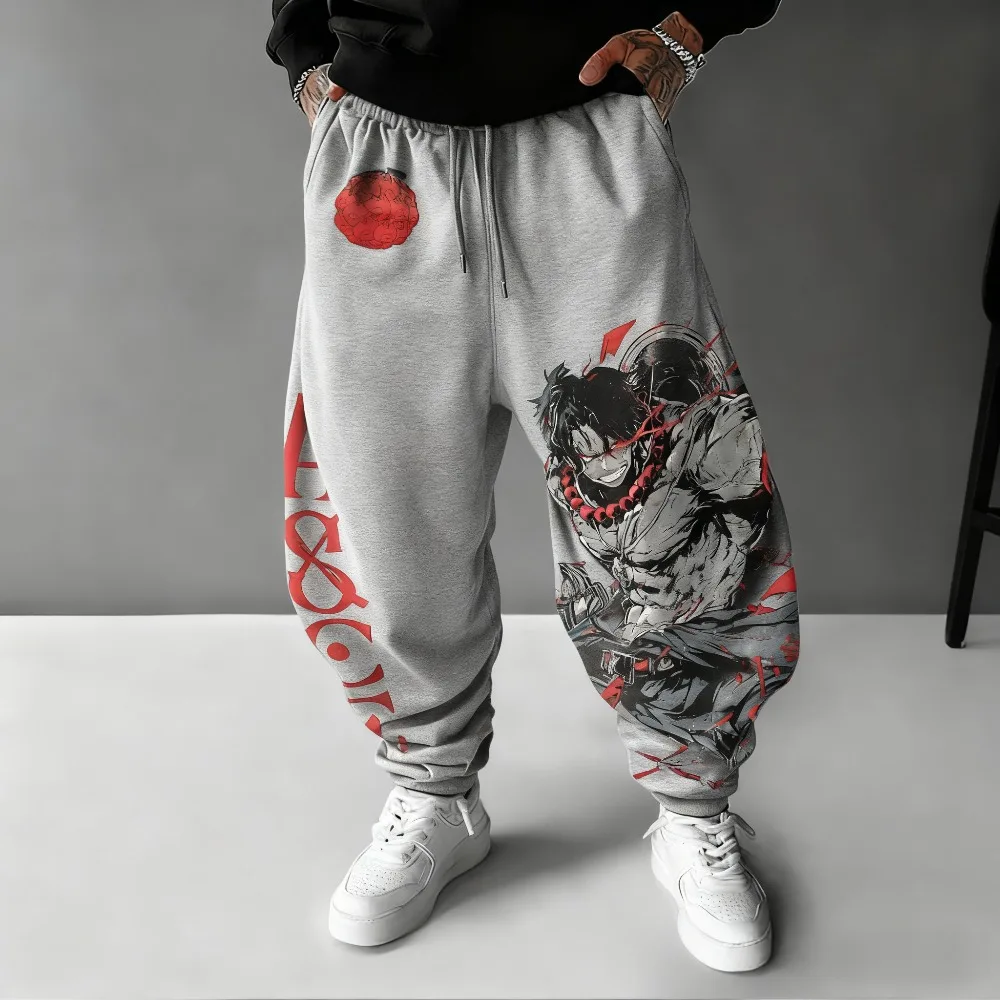 ONE PIECE Ace Celana Katun Baru Musim Gugur/Dingin Motif Anime untuk Pria dan Wanita, Celana Longgar Kasual Fashion Hip Hop Ketat