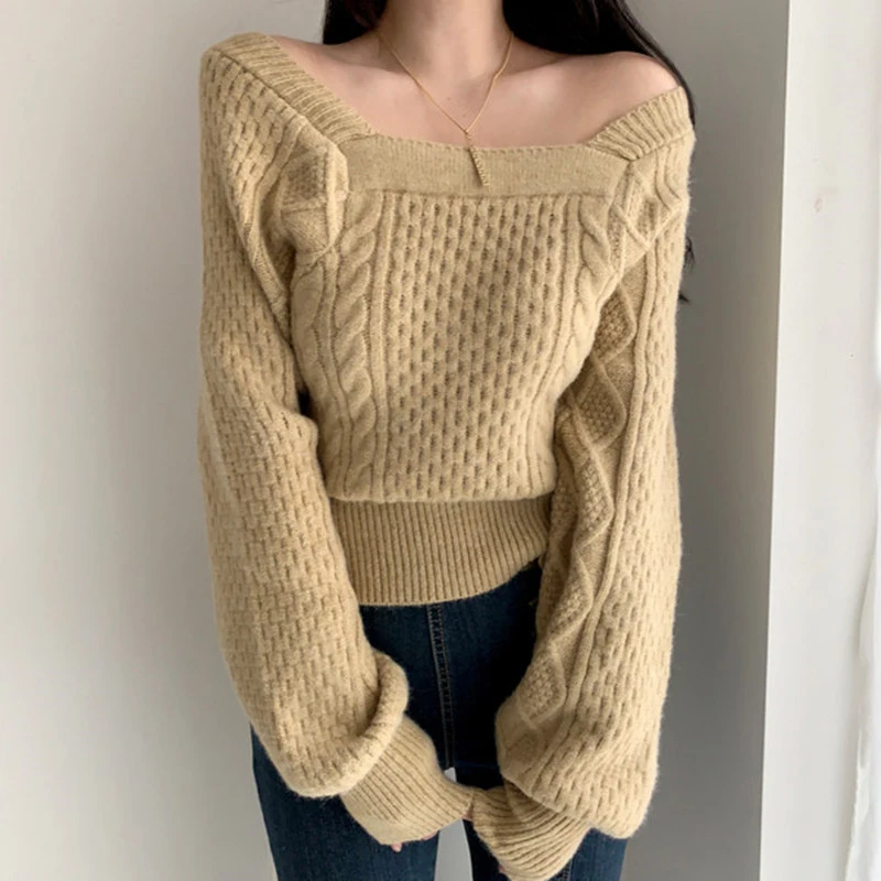 

Square Collar Fashion Pullover Sweater Autumn Women Long Sleeve Elegant Knitted Top Lantern Sleeve Pullover Loose Warm Knitwear